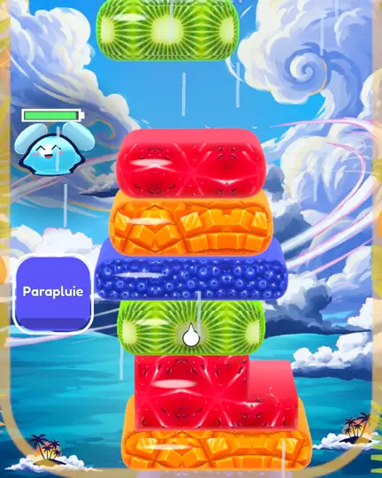 Wobble Tower: a stack of glossy fruit-jelly blocks under a rainy blue sky, with a little blue slime watching